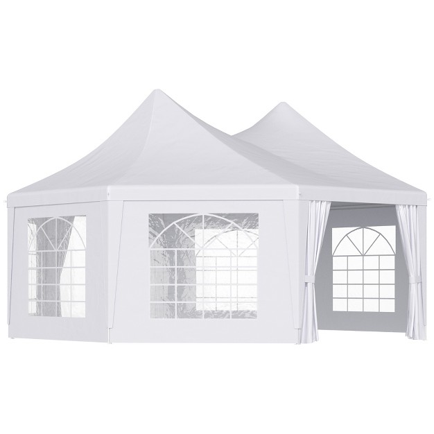 Outsunny Canopy Party Event Tent With 2 Pull back Doors Column less Event Space amp Cathedral Windows White