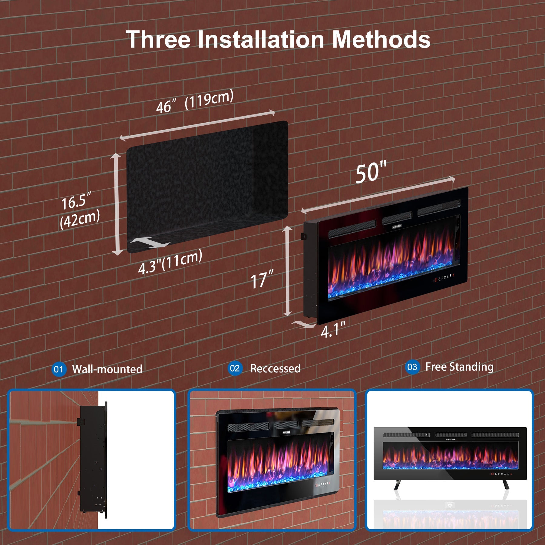 Homesuit 50" Electric Fireplace with Free Standing, Recessed and Wall Mounted 12 Flame Colors