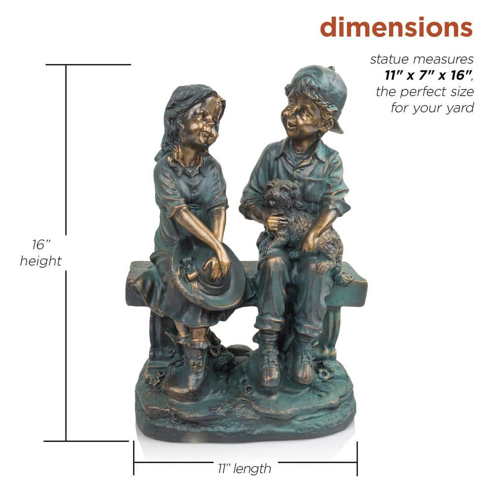 Alpine Corporation 16 in. Tall Indoor/Outdoor Girl and Boy Sitting on Bench with Puppy Statue Yard Art Decoration GXT264