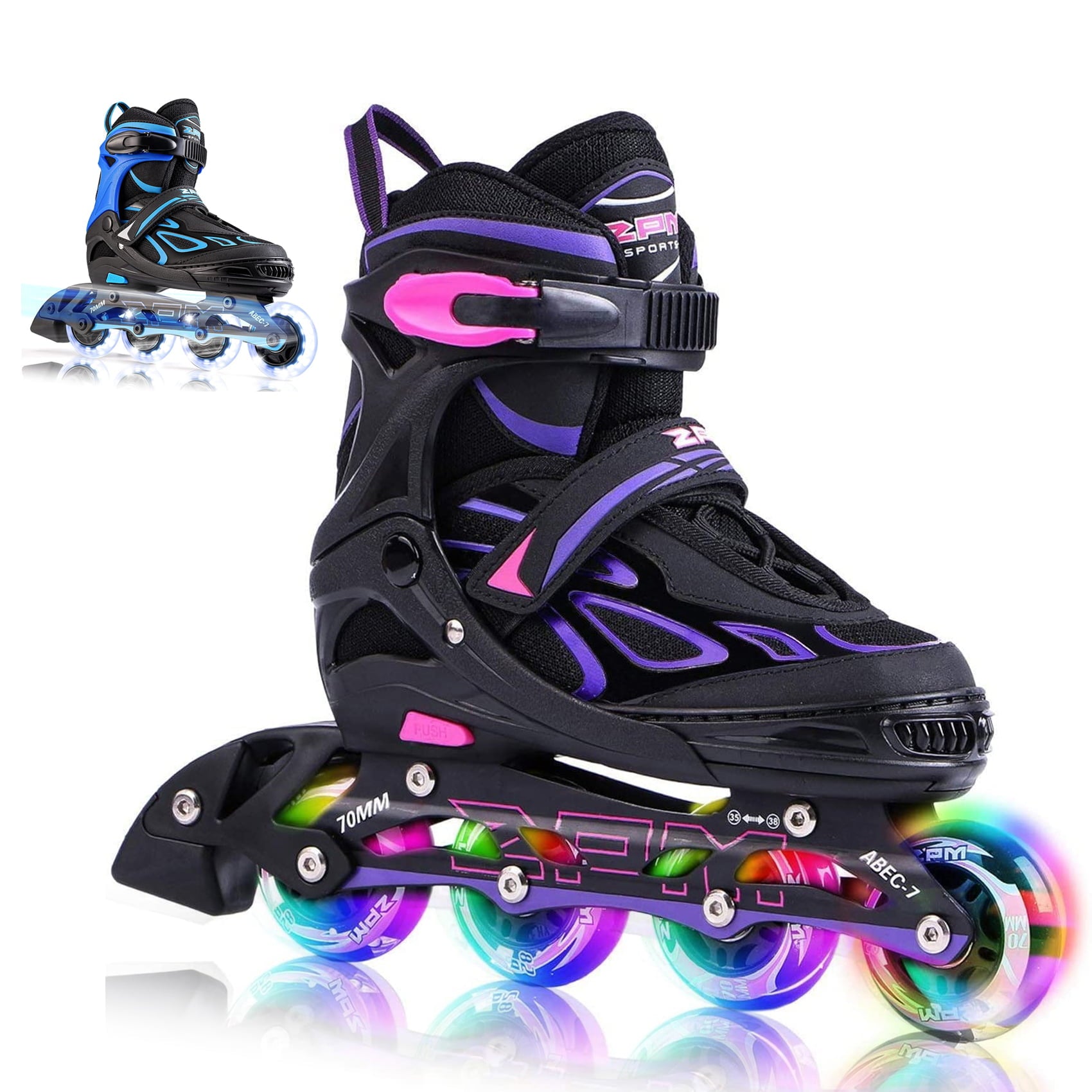 2PM SPORTS Vinal Girls Adjustable Inline Skates with Light up Wheels Beginner Skates Fun Illuminating Roller Skates for Kids Boys and Ladies - Purple Medium(1Y-4Y US)