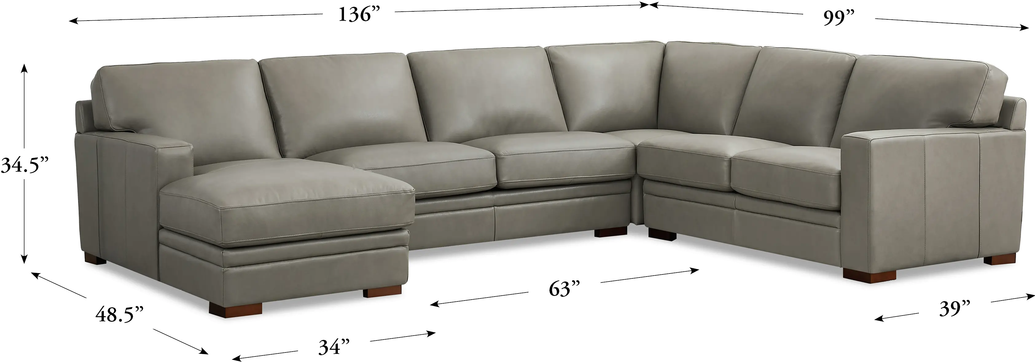 Chatsworth Gray Leather 4 Piece Sectional with Left-Facing Chaise