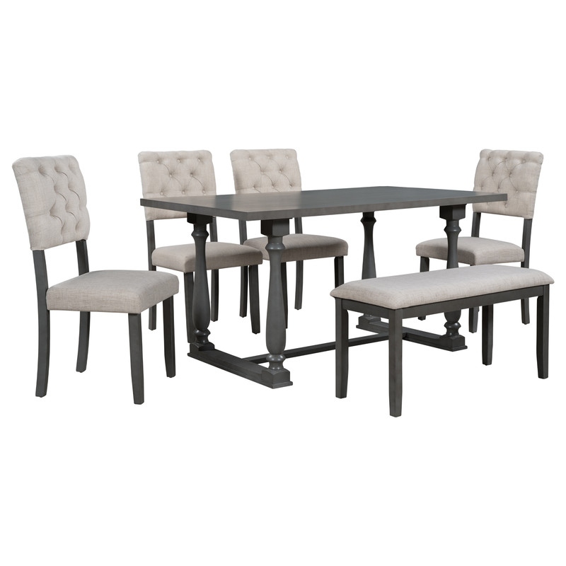 6 Piece Dining Table and Chair Set with Special shaped Legs and Foam covered Seat Backs   Cushions