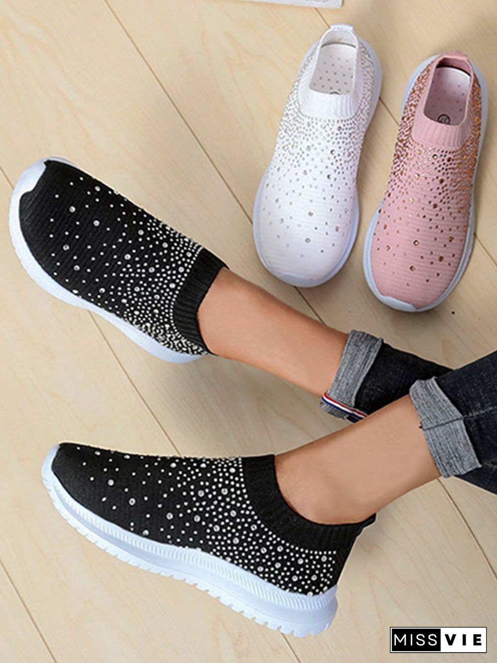 Rhinestone Design Portable Overfoot Lightweight Flyknit Sneakers