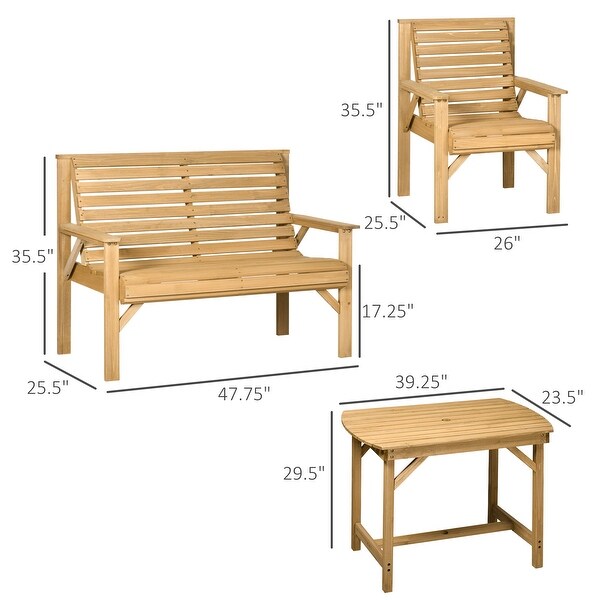 Outsunny 5 Piece Patio Furniture，6 Seat Outdoor Dining Set，Natural Wood Dinner Table，2 Chairs，Loveseats with Armrests