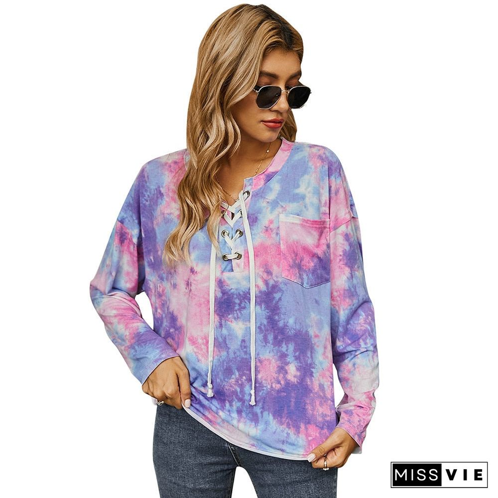 Sale Women Tie Dye Print T-shirt Long Sleeve Loose Tops for Women Autumn Cross Bandage Casual Basic Tops Female Pullovers D30