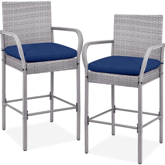 Best Choice Products Set Of 2 Wicker Bar Stools W Cushion Footrests Armrests For Patio Pool Deck