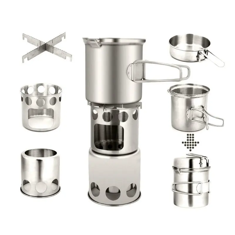 1 2 Person Portable Camping Cookware Set Wood Stove Cooking Pot Set Stainless Steel Outdoor Cooking Kit Backpacking Gear