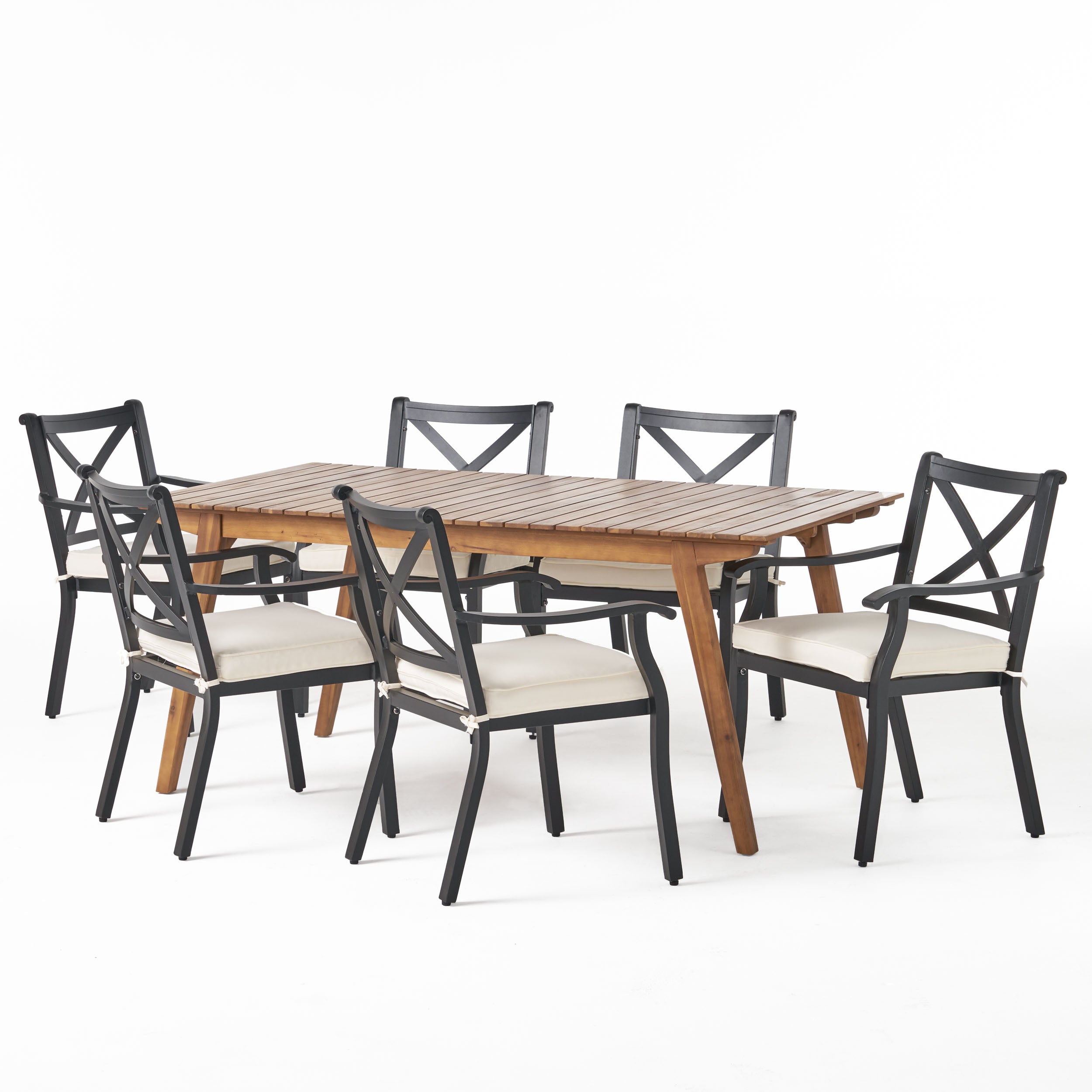 Buster Outdoor 7 Piece Acacia Wood and Aluminum Dining Set, Teak and Black with Ivory Cushions