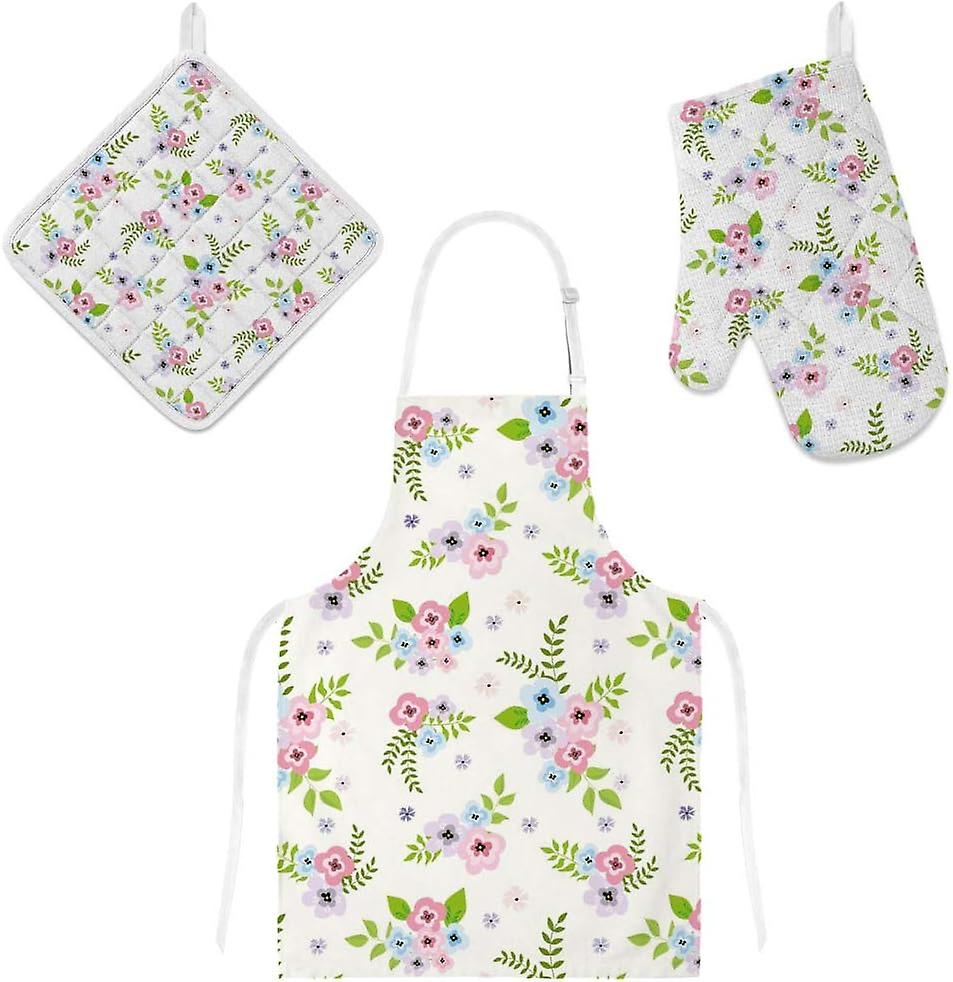 Insulation Kitchen Oven Mitts Potholder Apron 3pcs Set Small Flowers Non Slip Heat Resistant Gloves For Baking Cooking Bbq