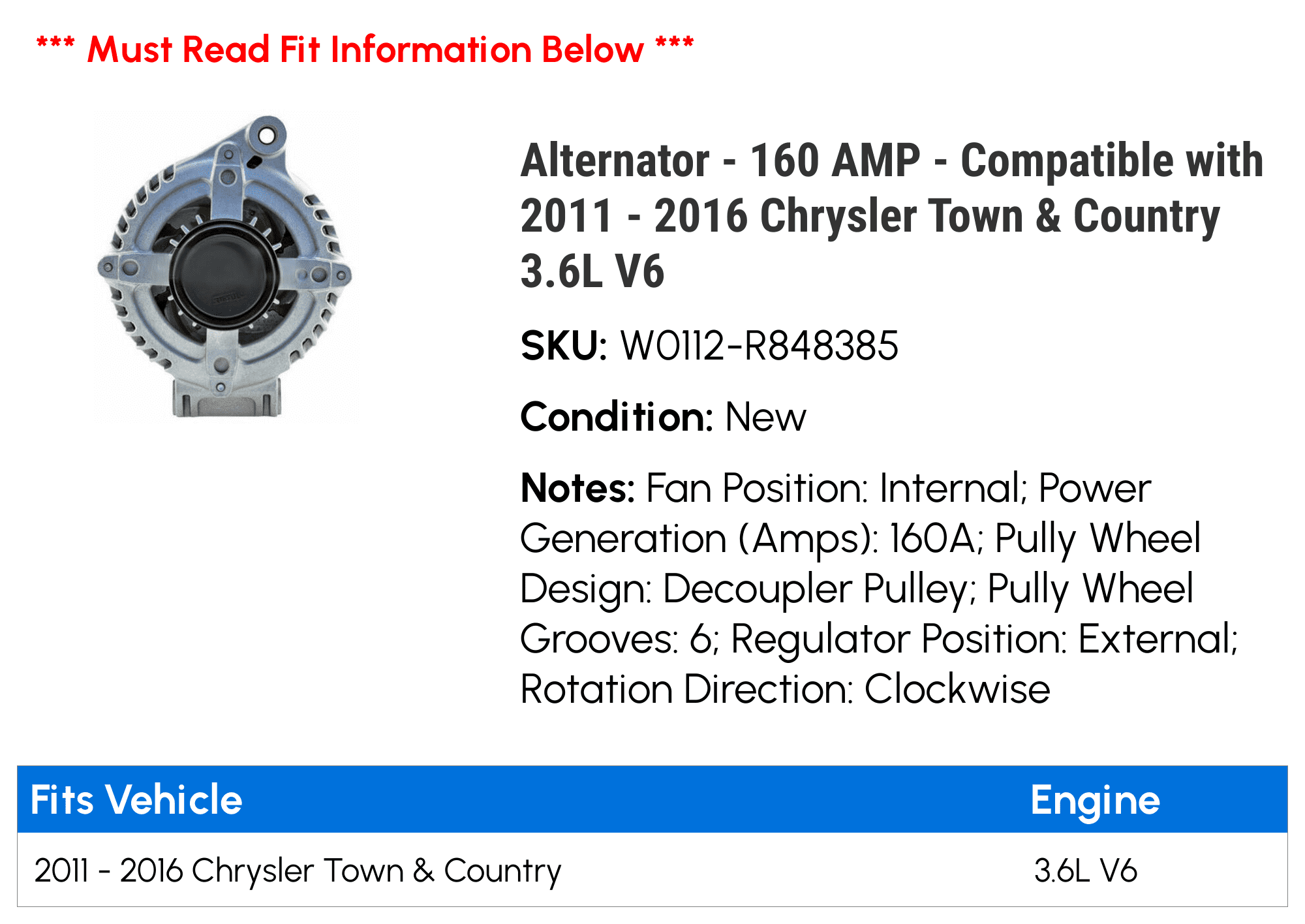 Alternator - 160 AMP - Compatible with 2011 - 2016 Chrysler Town and Country 3.6L V6 2012 2013 2014 2015