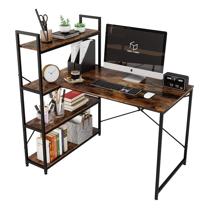 Nost and Host L Shaped Contemporary Home Office Computer Desk with Shelves， Brown