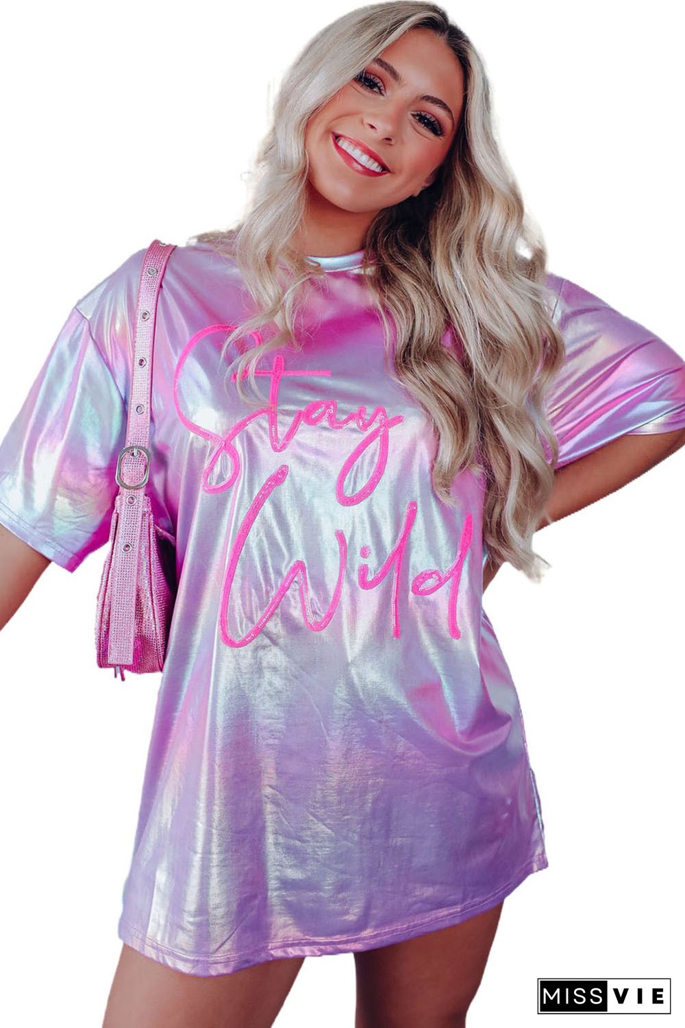 Purple Shiny Iridescent Stay Wild Graphic Oversized Tee