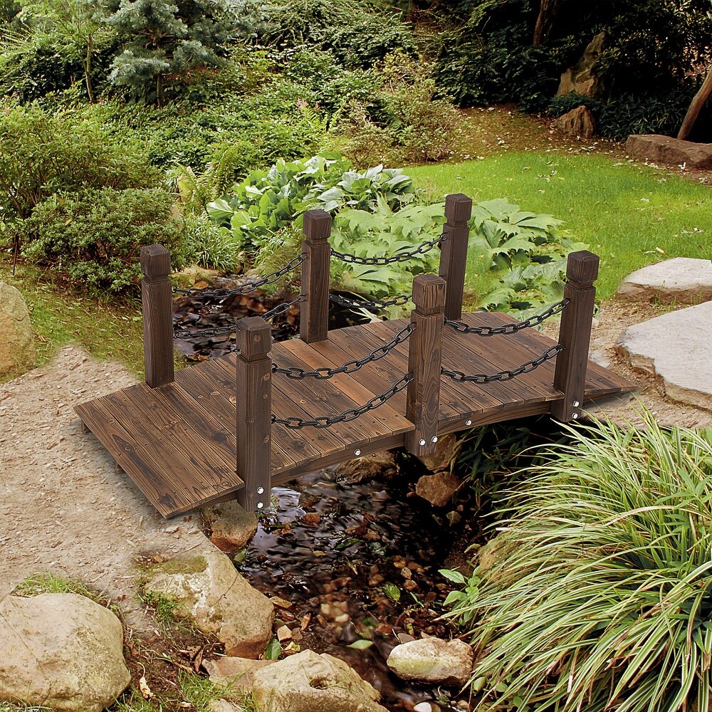 Outsunny 5ft Wooden Garden Bridge Arc Stained Finish Walkway with Chain Railings  Stained Wood