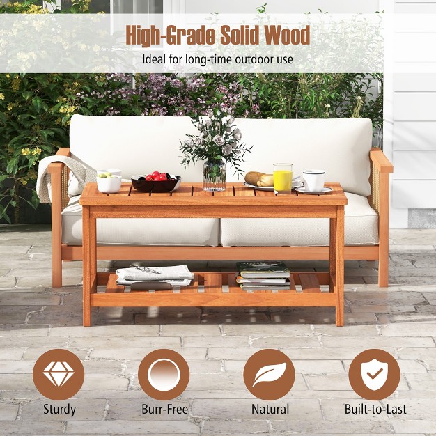 Tangkula Hardwood Outdoor Patio Coffee Table 2 tier Coffee Table W Slat Tabletop amp Storage Shelf Natural