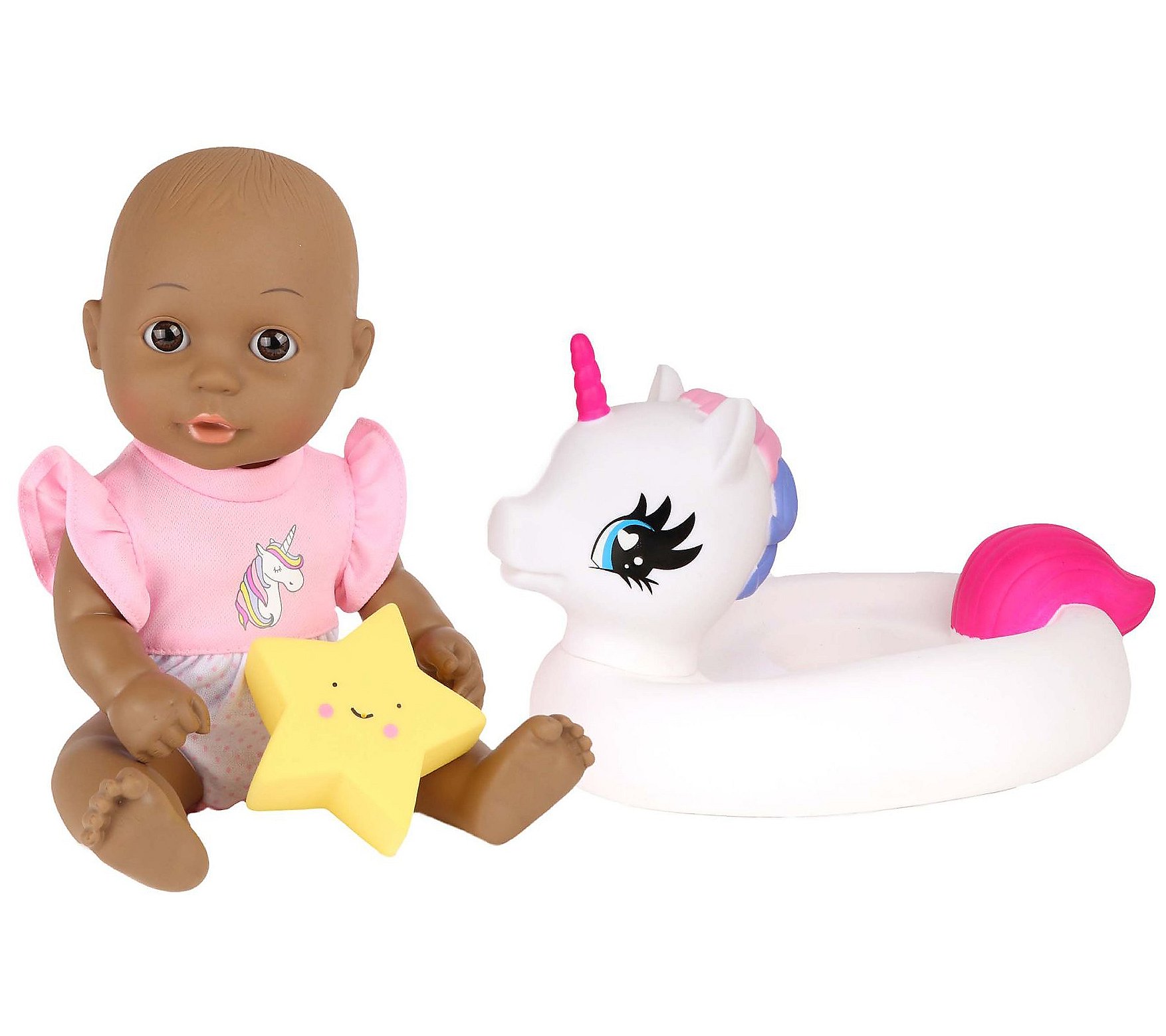 Bath Time 12 Baby Doll with Unicorn Floatie -African America