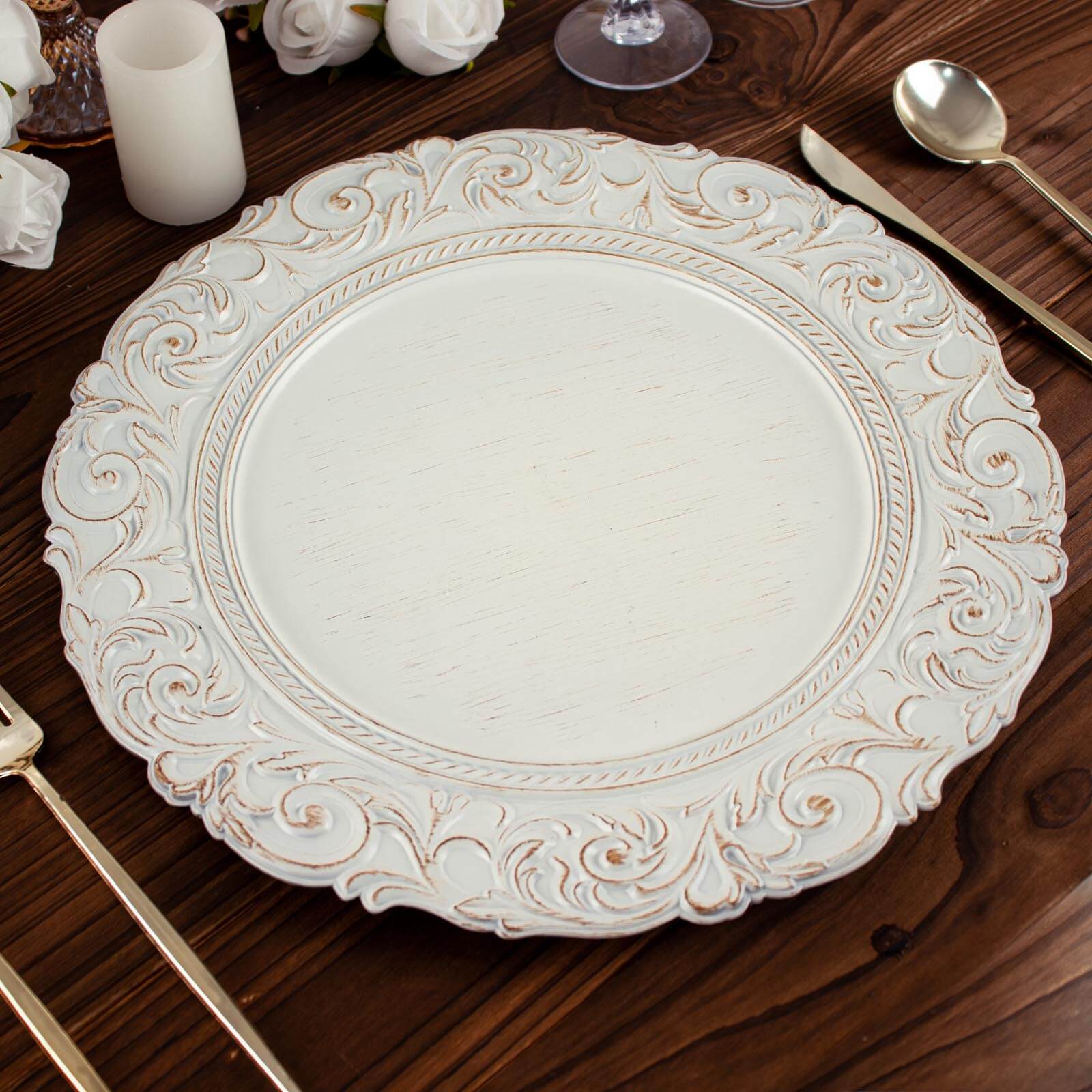 6 Pack Antique White Gold Vintage Acrylic Serving Plates With Engraved Baroque Rim, Round Disposable Charger Plates 14