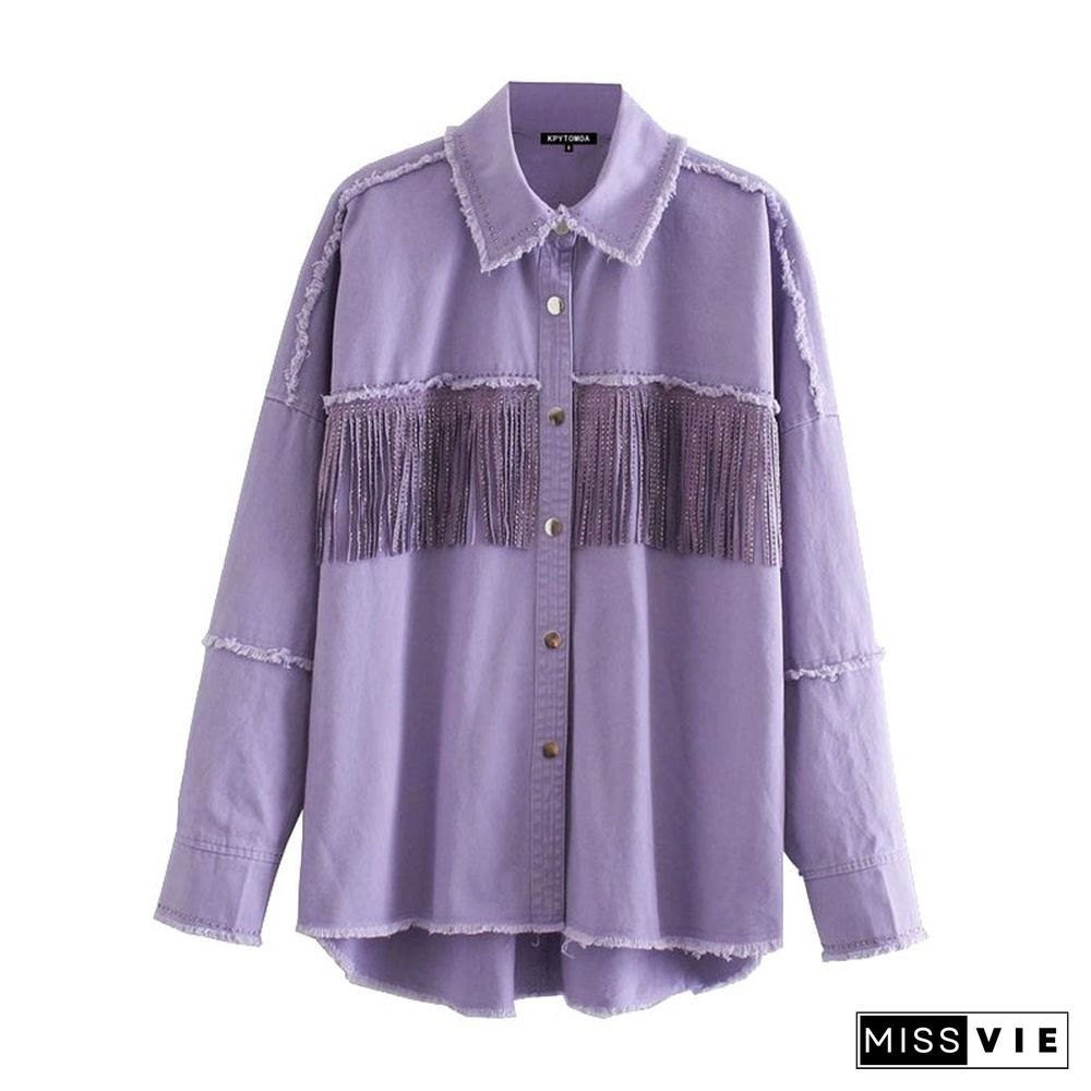 Vintage Stylish Fringe Beaded Loose Denim Jacket Coat Women Fashion Long Sleeve Frayed Trim Ladies Outerwear Chaqueta Mujer