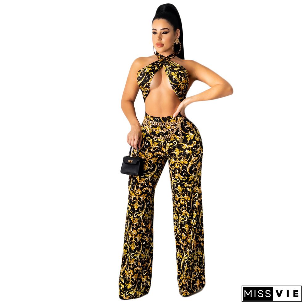 Women Sexy Printed Sleeveless Cross Wrap Halter Crop Tops Losse Wide Leg Pants Summer Two Piece Set