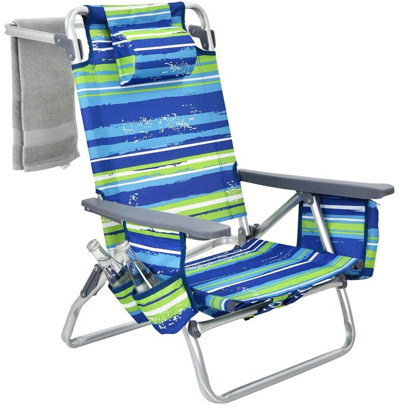 2-Pack Folding Beach Chair, Backpack Lawn Chairs, Sling Camping Chair, Patio Reclining Chairs with 5 Adjustable Position, Head Pillow