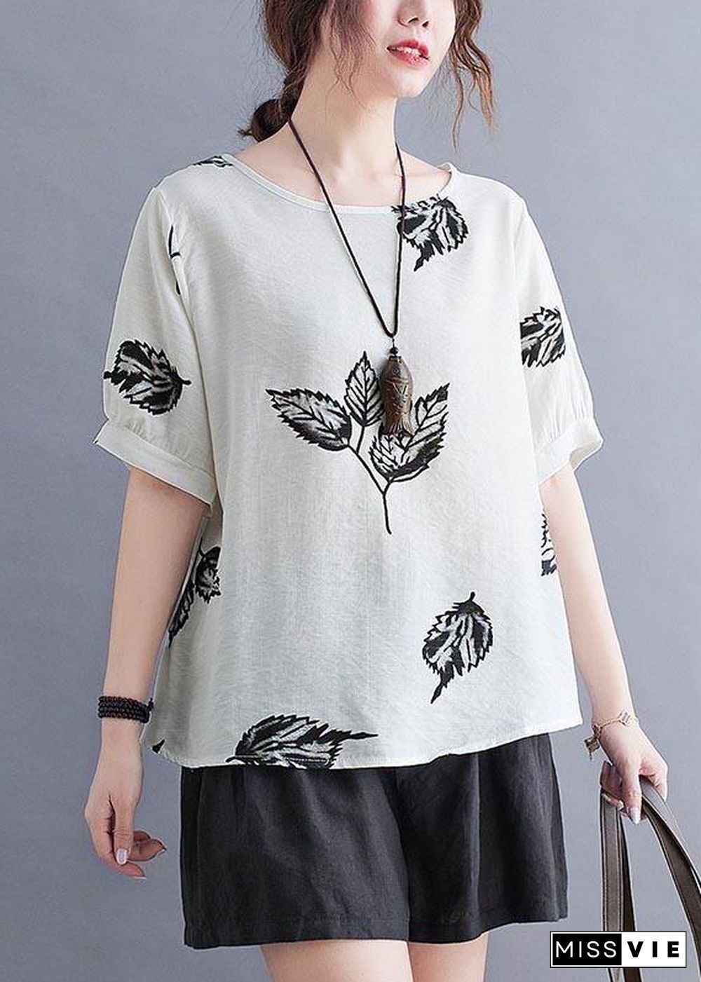 Beautiful White Print leaf Shirt Tops Summer Cotton Linen