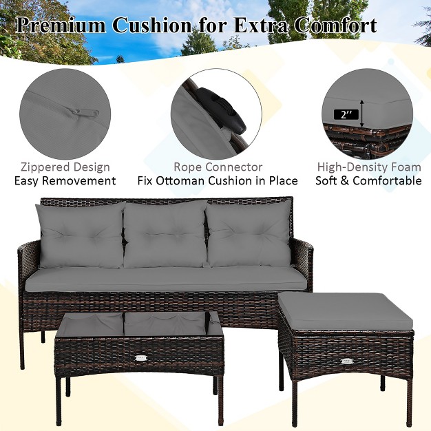 Costway 3pcs Patio Rattan Furniture Set 3 seat Sofa Cushioned Table Garden Turqouise gray white