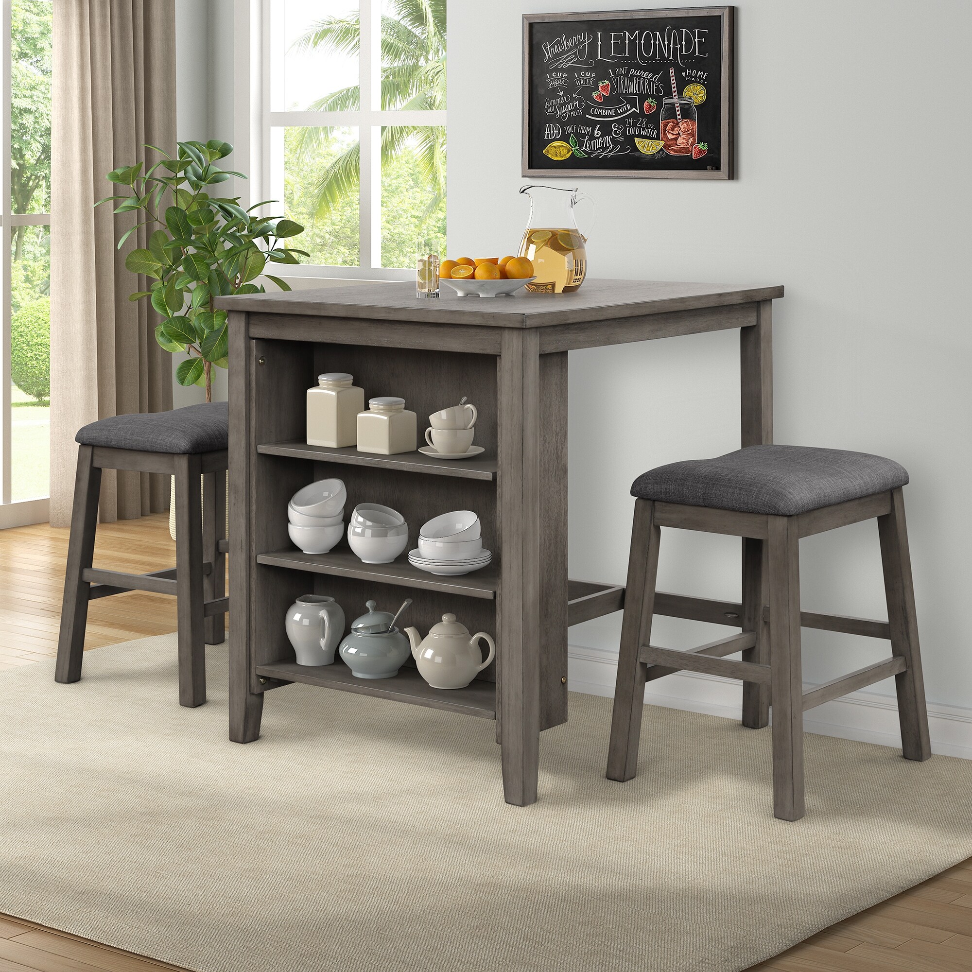 3-Piece Square Dining Table Setwith Padded Stools and Storage Shelf