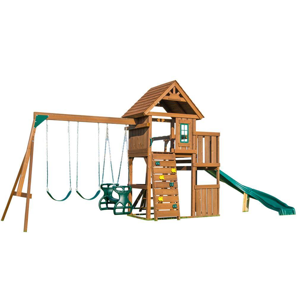 Swing-N-Slide Playsets Cedarbrook Deluxe Complete Wooden Outdoor Playset with Slide Rock Wall Swings and Backyard Swing Set Accessories PB 8030