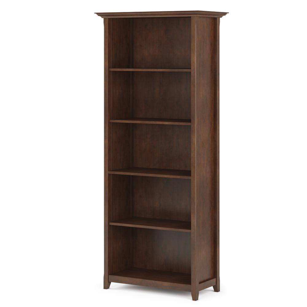 Simpli Home Amherst Solid Wood 70 in. x 30 in. Transitional 5 Shelf Bookcase in Russet Brown AXCAMH09-RUS