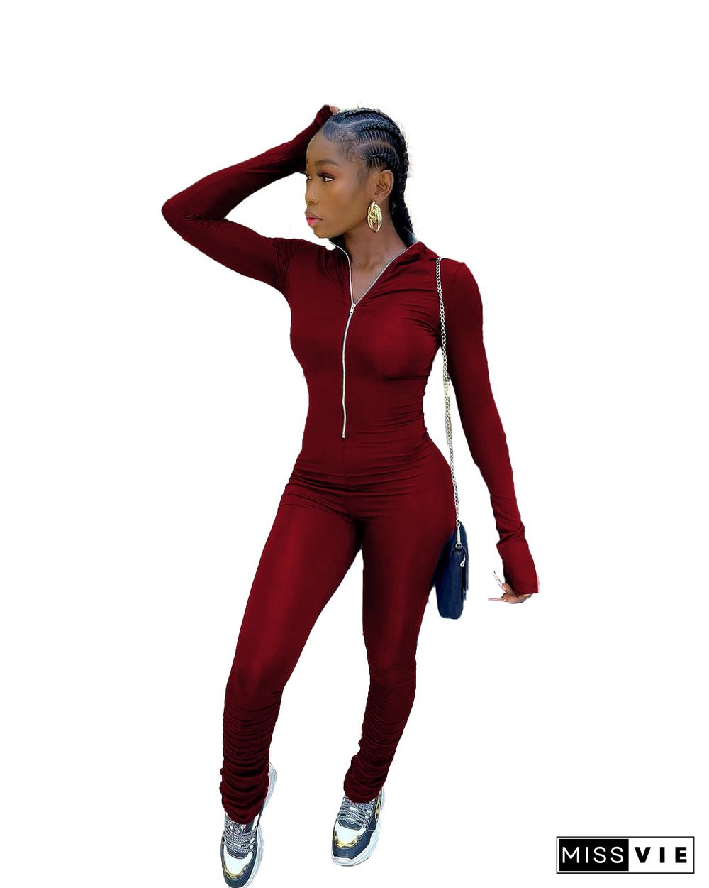 Solid Color Active Wear Zipper Pleated Jumpsuit