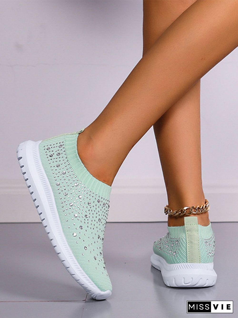 Rhinestone Design Portable Overfoot Lightweight Flyknit Sneakers