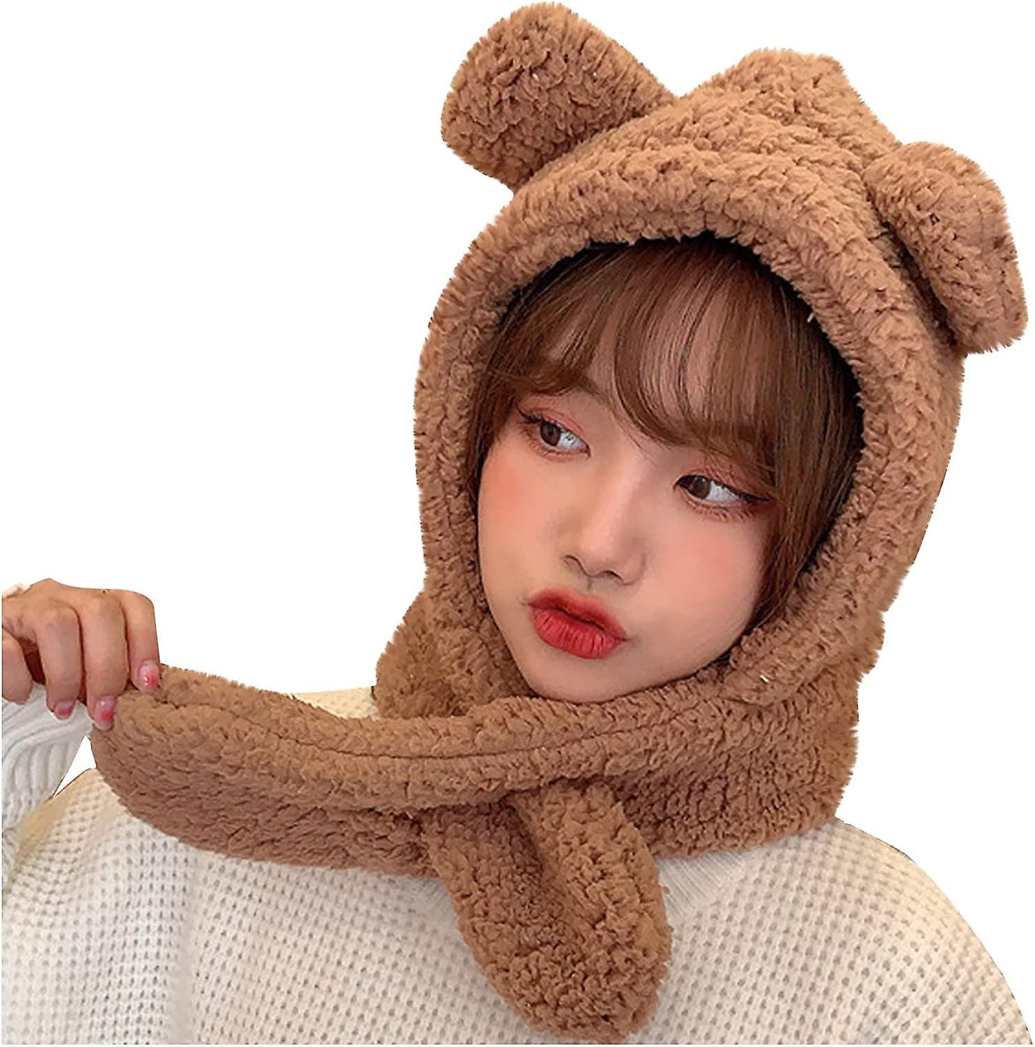 Winter Hats Bear Cap And Scarf 2 In 1 Cute Cartoon Thick Hat Protectors Warm Plush Hat Cap Women Girl Hat Brown One Size