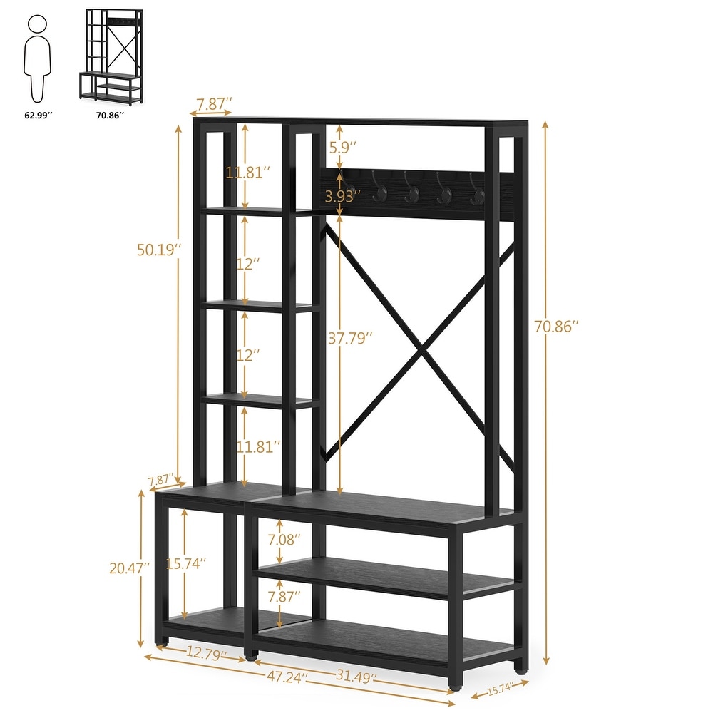 Entryway Hall Tree Coat Rack with Shoe Bench and Side Storage Shelves