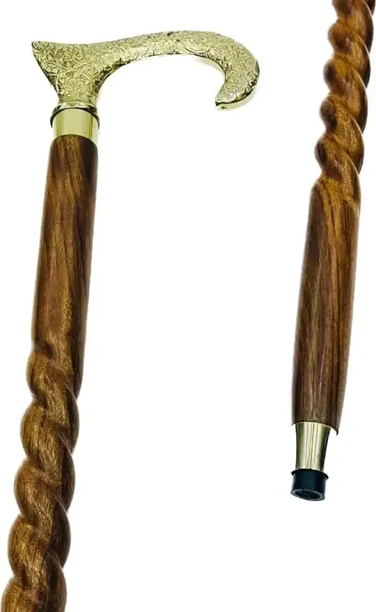 Handmade Solid Brass 36 inch Designer T  Shape Handle With Brown Twist wooden Walking Stick Affordable Gift Item For Adults