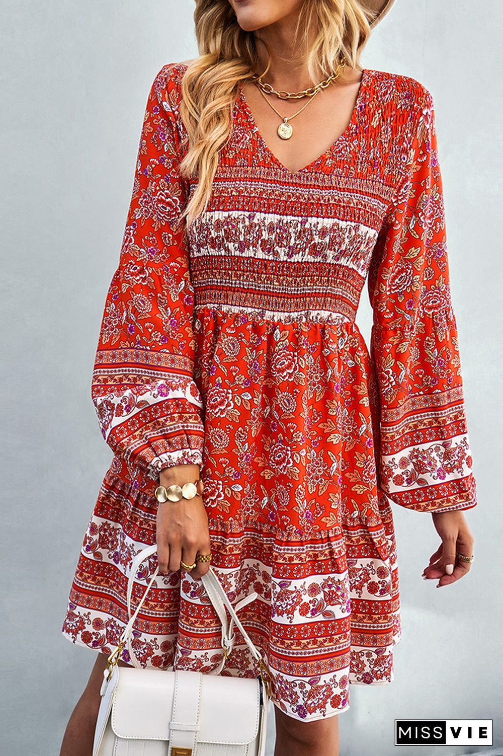 V Neck Smocked Boho Floral Long Sleeves Dress