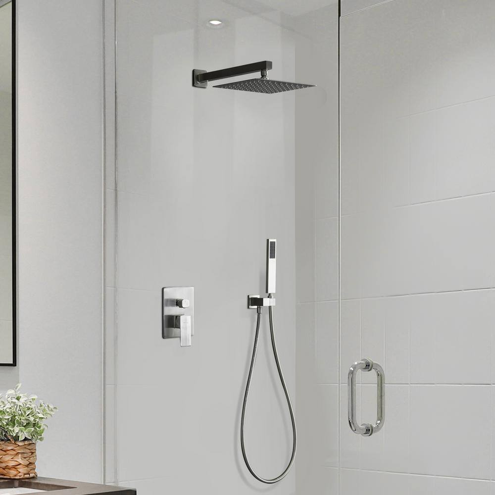 GIVING TREE 2-Spray Square 12 in. Rain Shower Head with Single-Handle Hand Shower Faucet in Brushed Nickel HDYN-MM0004