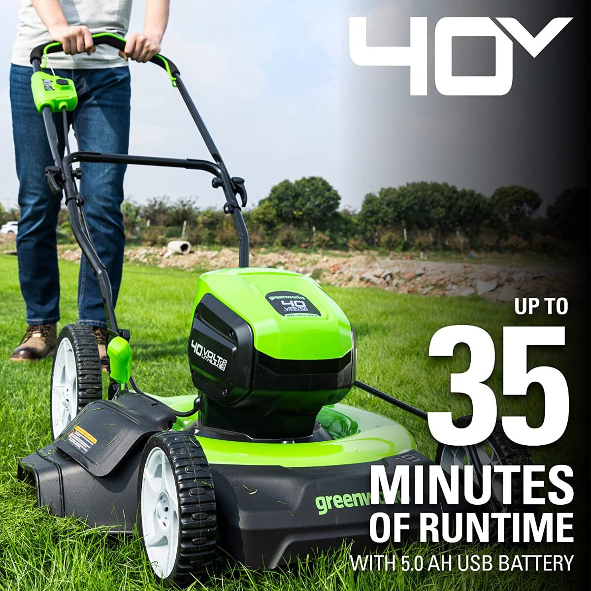 40V 19” Cordless Battery Push Lawn Mower w/ 5.0Ah USB Battery  Charge