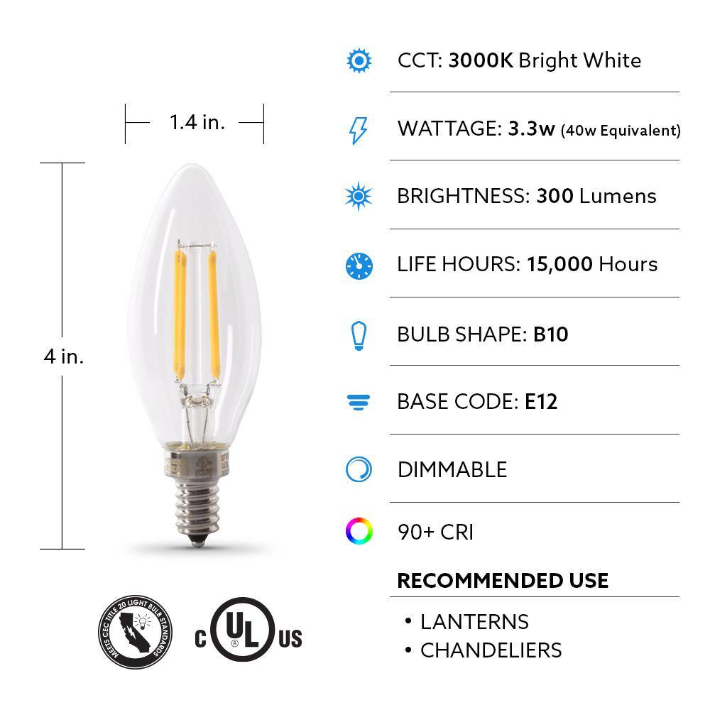 Feit Electric 40-Watt Equivalent B10 E12 Candelabra Dimmable CEC Clear Glass Chandelier LED Light Bulb in Bright White 3000K (24-Pack) BPCTC40930CAFIL46