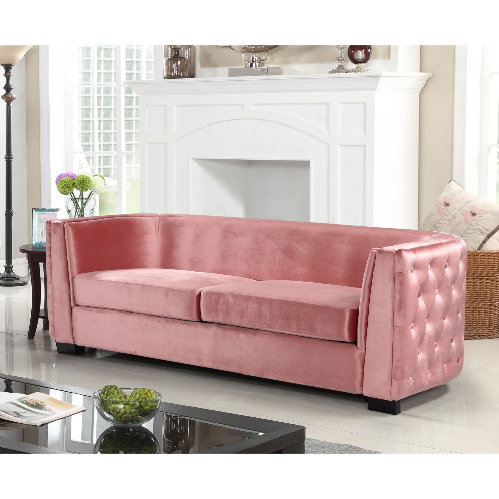 Contemporary Sofa  Curved Design With Button Tufted Velvet Upholstery  Blush   Contemporary   Sofas   by Decorn  Houzz