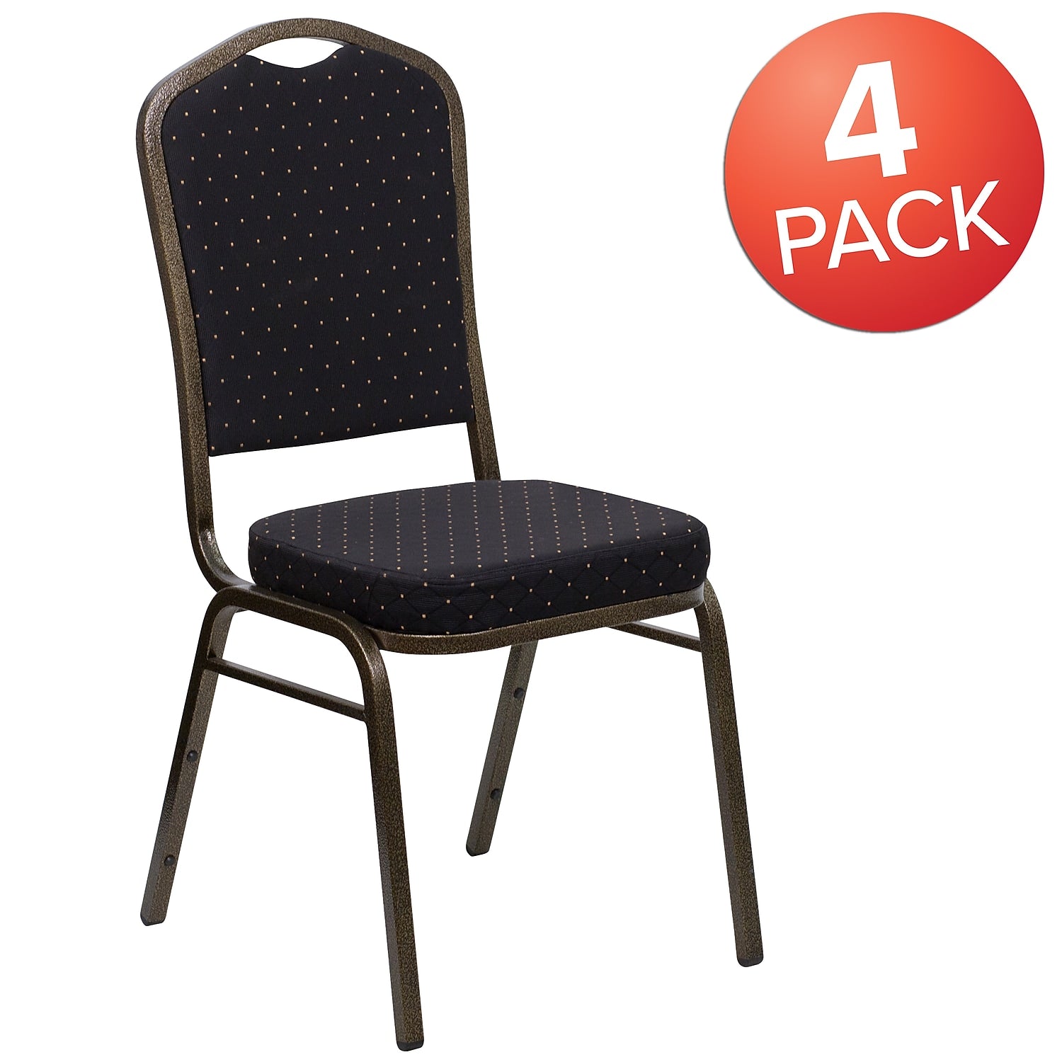 Flash Furniture 4 Pack HERCULES Series Crown Back Stacking Banquet Chair in Black Patterned Fabric - Gold Vein Frame