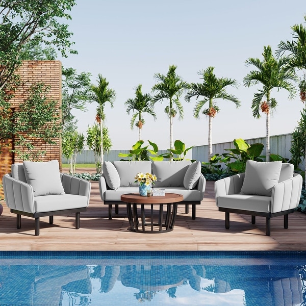 4Piece Iron Frame Outdoor Patio Conversation Set with Cushion for Backyard，Deck，Poolside，Indoor Use