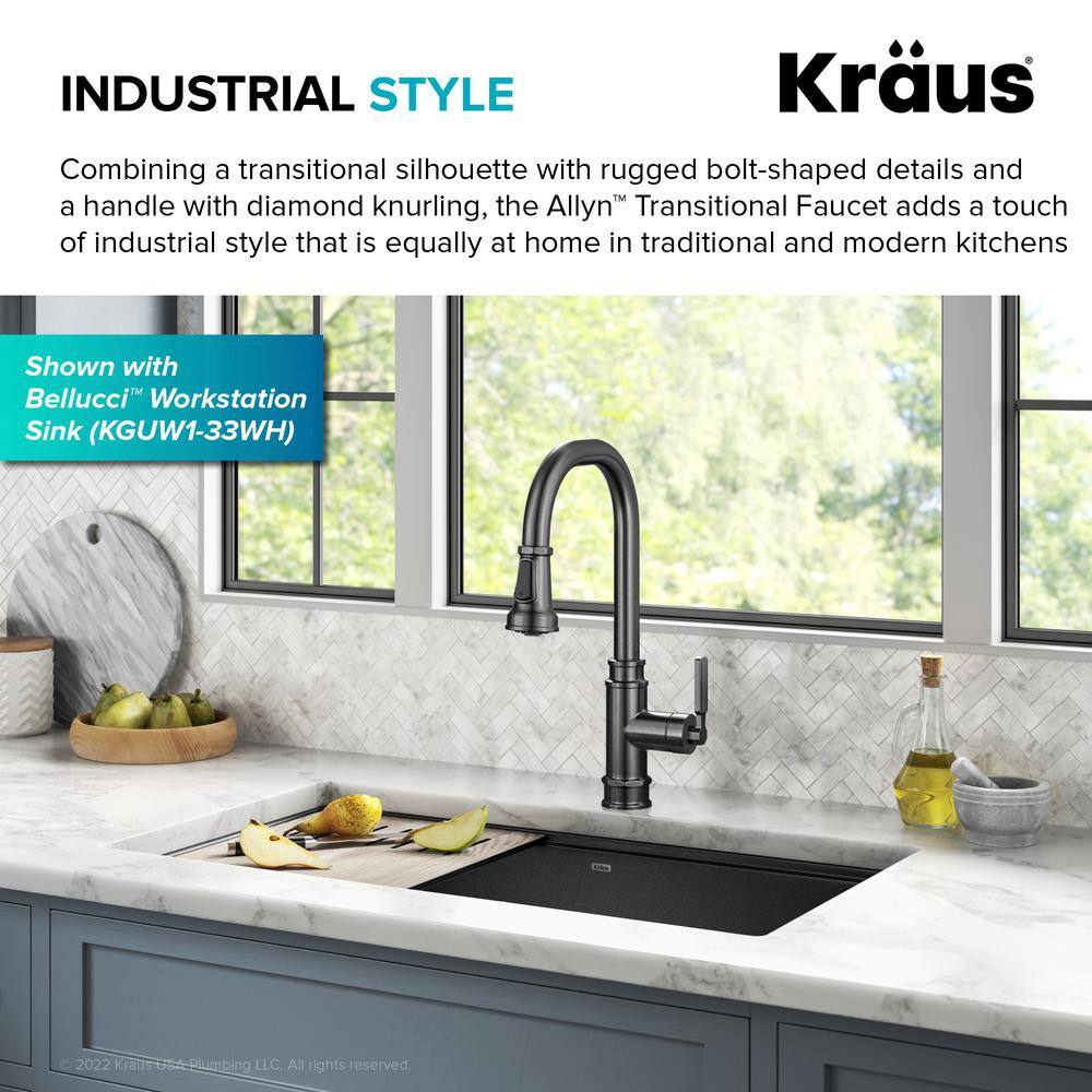 KRAUS Allyn Transitional Industrial Pull-Down Single Handle Kitchen Faucet in Spot-Free Black Stainless Steel KPF-4101SFSB