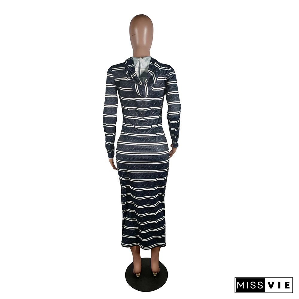 Casual Women Stripe Hoodies Ankle-length Dress