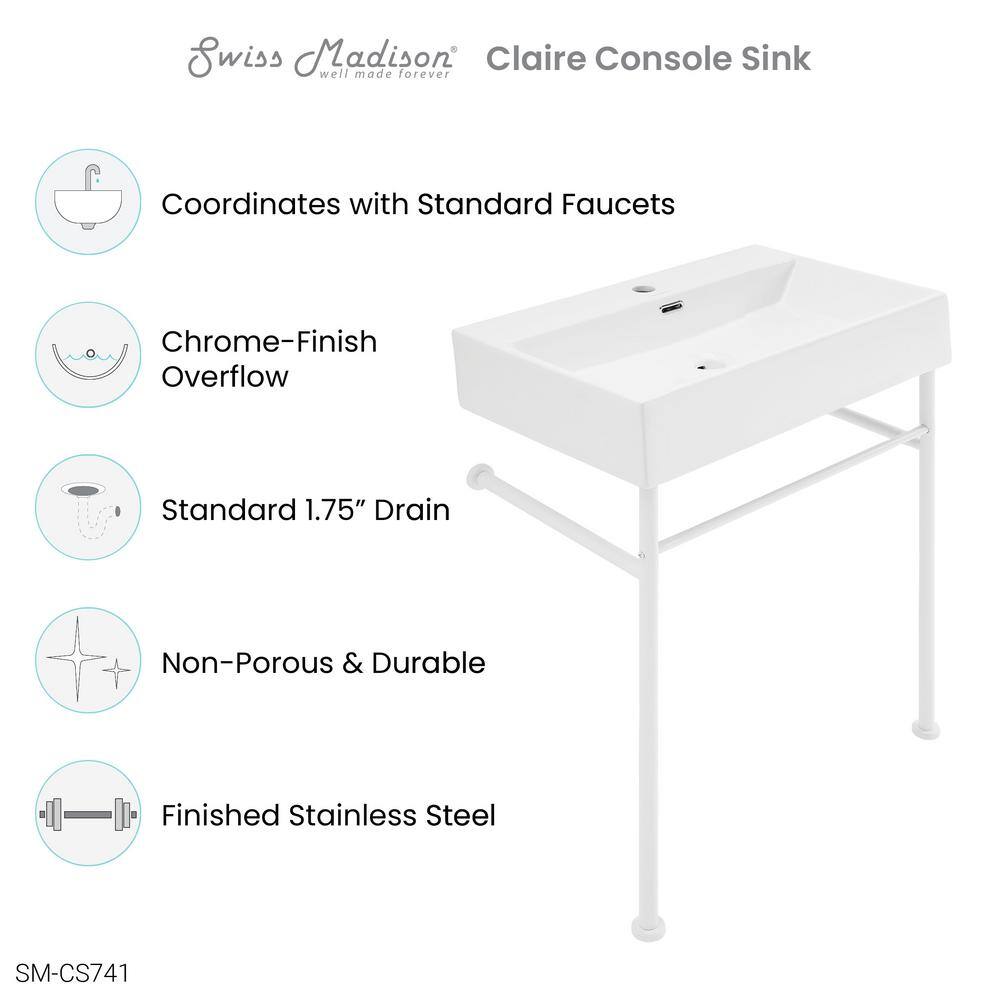 Swiss Madison Claire 24 in. Ceramic Console Sink Basin and Legs Combo in Glossy White Basin with Matte White Legs SM-CS741