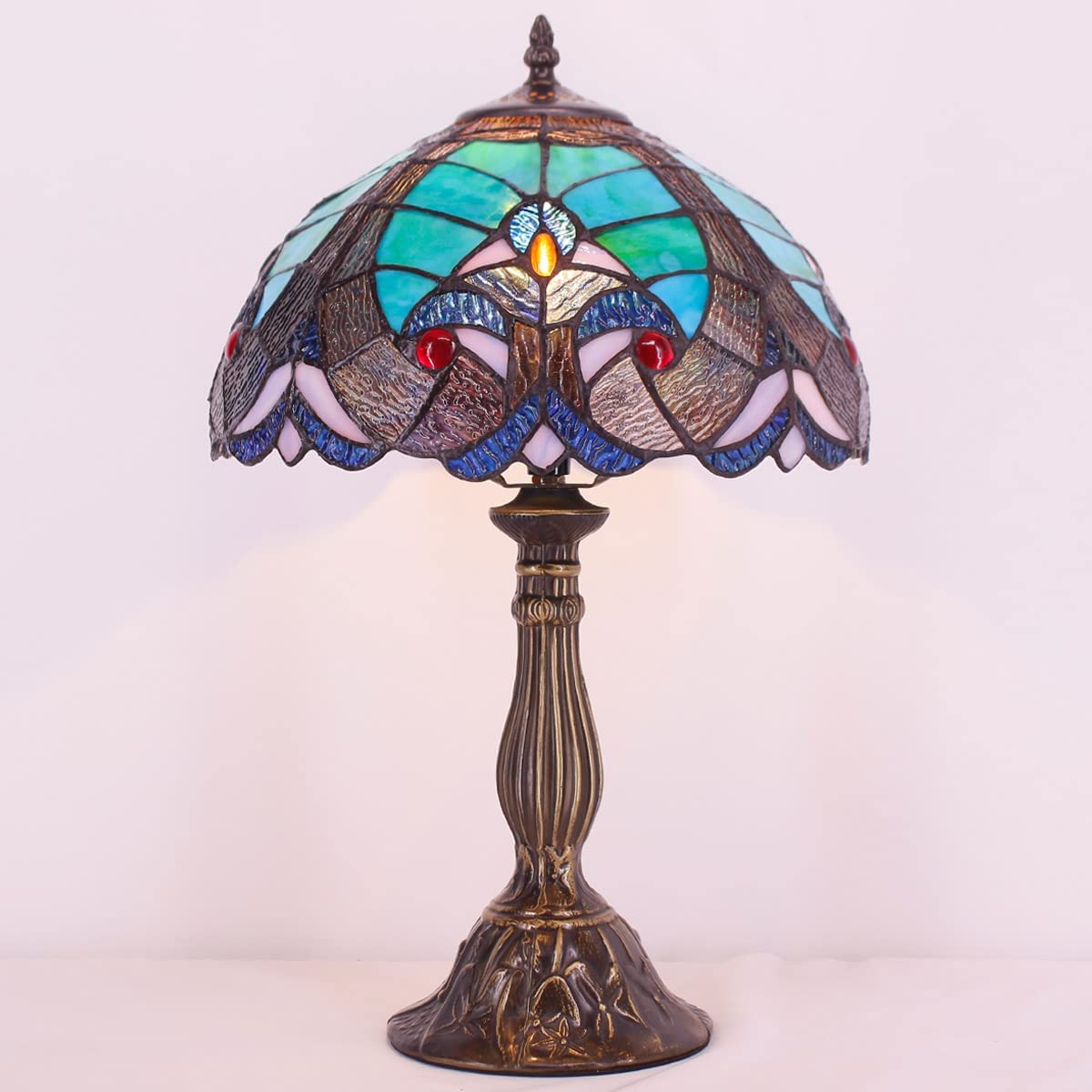 SHADY Tiffany Style Lamp Green Liaison Stained Glass Bedside Table Lamp Reading Desk Light 12X12X18 Inches Decor Nightstand Bedroom Living Room Home Office S160G Series