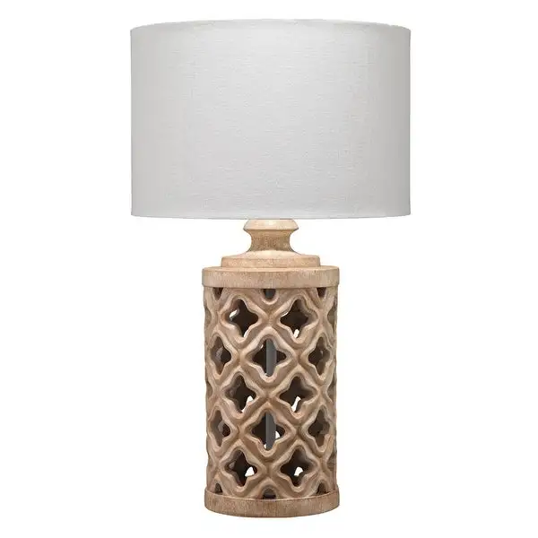 Table Lamp with Cutout Resin Body and Fabric Shade， Beige