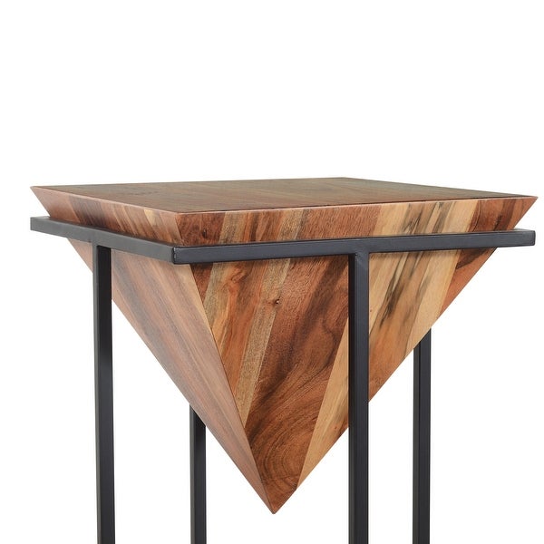 30 Inch Pyramid Shape Wooden Side Table With Cross Metal Base， Brown and Black