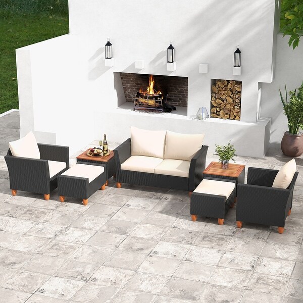 Gymax 7 PCS Patio Furniture Set w/ Loveseat Armchairs Ottomans and