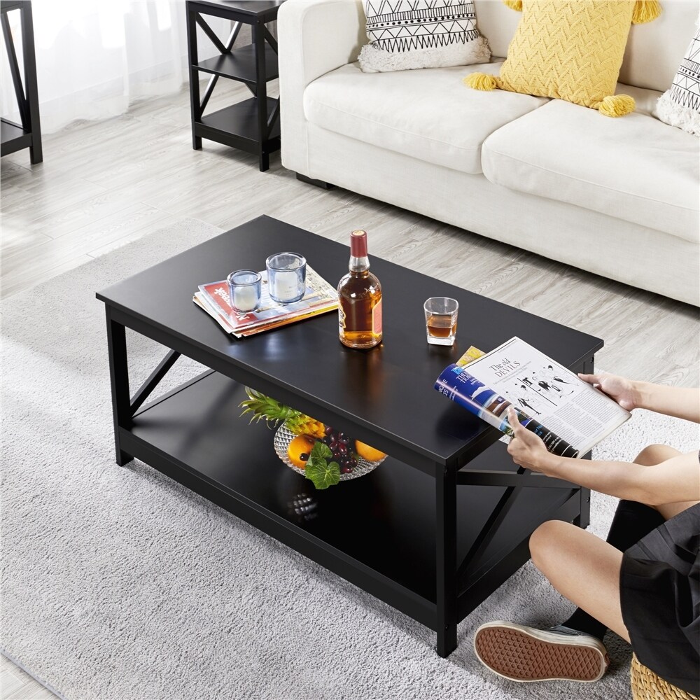 Yaheetech 2 Tier Wood Coffee Table X Design Accent Table with Shelf