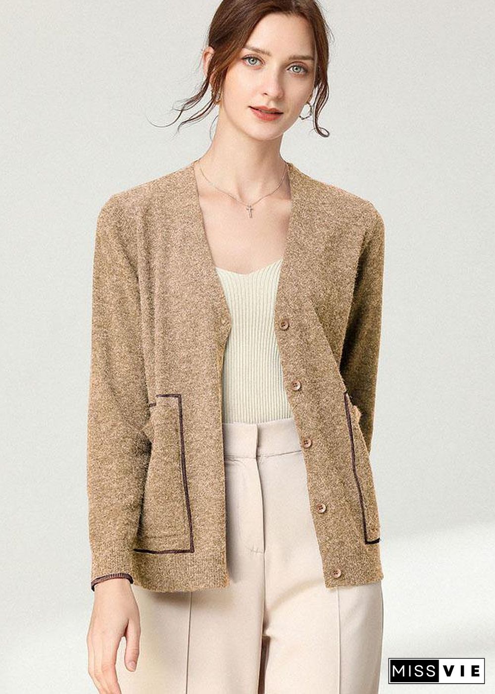 Italian Khaki V NeckPockets Spring Cardigan Long sleeve