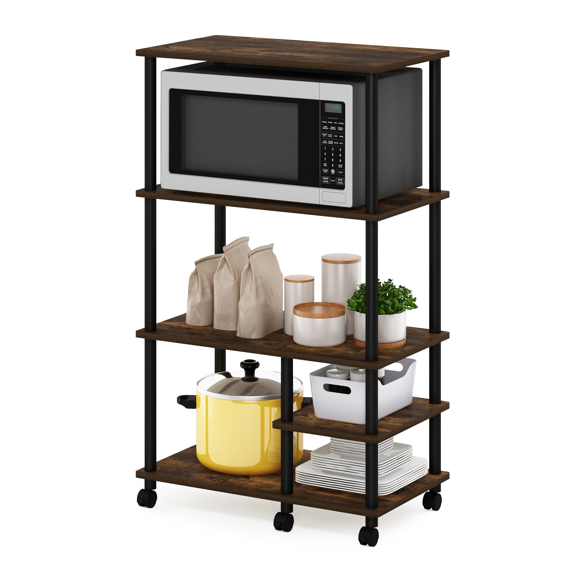 Furinno Turn-N-Tube 4-Tier Toolless Kitchen Storage Shelf Cart， Amber Pine/Black